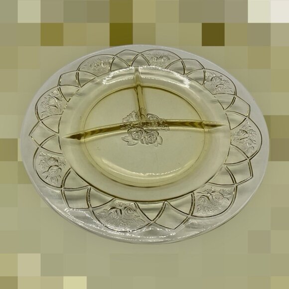 Yellow Depression Glass Plate Federal Glass Rosemary Divided Dish Amber MCM - Picture 5 of 16